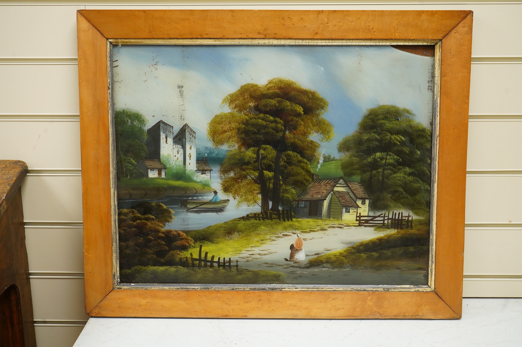 Victorian School, four reverse glass painted panels, Riverscapes, largest 39 x 60cm